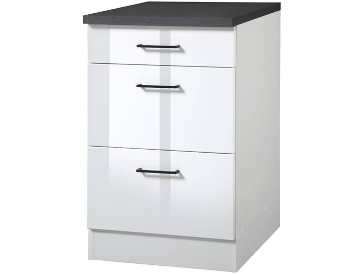 Unterschrank KOCHSTATION KS-Trier , weiss (weiß hochglanz, weiß), B:50cm H:85cm T:60cm, Holzwerkstoff, MDF, Schränke, Unterschrank, Breite 50 cm, mit 2 Auszügen und 1 Schublade