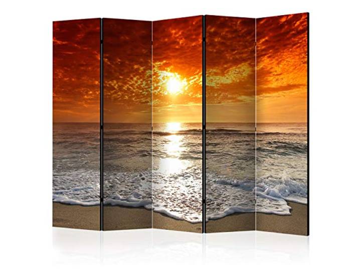 decomonkey Paravent Raumteiler Innen Strand Meer, 225x172 cm, 5-teilig Beidseitig, Natur, Sonne, Wohnzimmer, Room Divider, Wall, Raumteiler Stehend, Trennwand, Sichtschutz, Spanische Wand, Holz