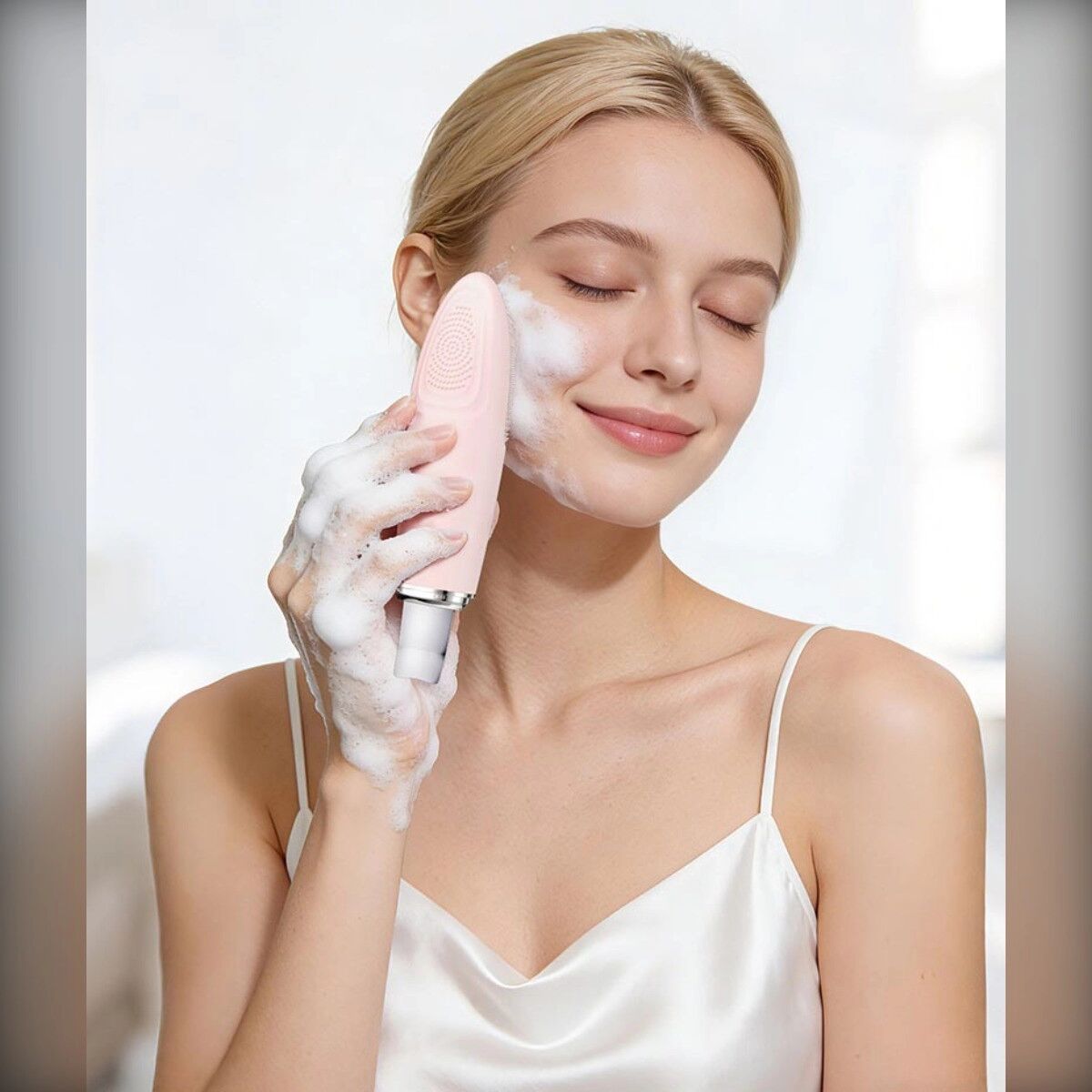 INF 2-in-1 Schall-Gesichtsreiniger aus Silikon mit 304-Edelstahlspatel und Warmkompresse Rosa