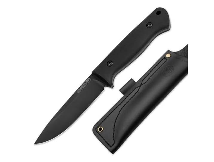 BÖKER GERMANY DBK Bushfriend 2000 Allblack - Profi Bushcraftmesser schwarz Survivalmesser mit Leder-Scheide feststehend - Pfadfinder Fahrtenmesser 42a konform - Outdoor Batoning Knife mit 11 cm Klinge
