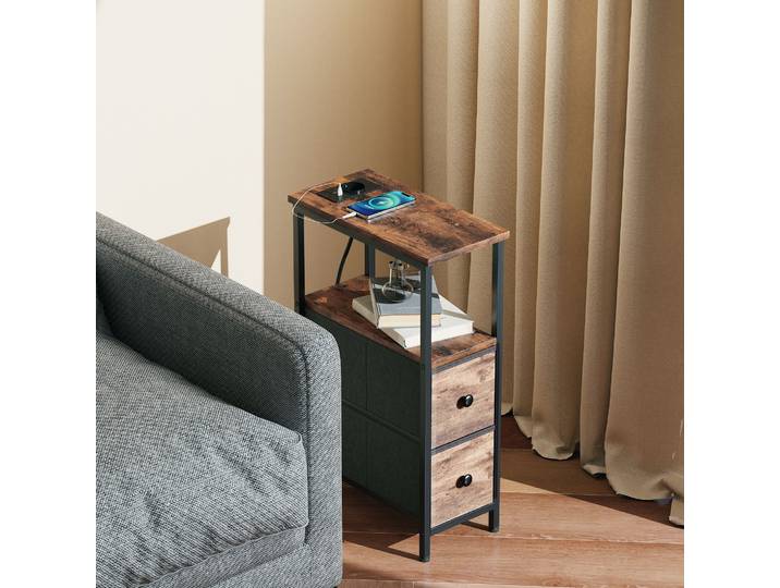 HOMCOM Table d'Appoint Chargeur 2 Tiroirs Tissu Marron Rustique