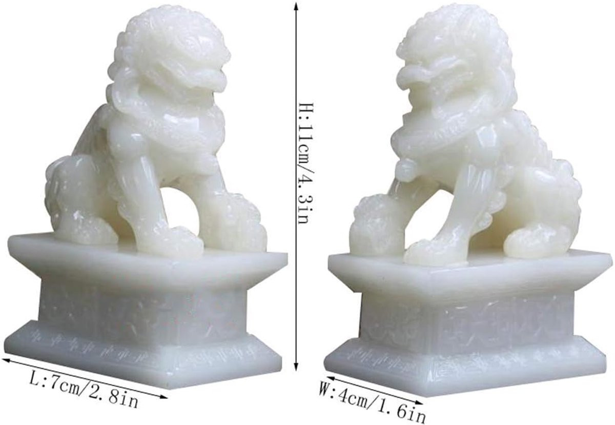 Wit Levensecht Leeuwen Beeldje - Chinese Wachters voor Feng Shui - Hoogte: 11 cm