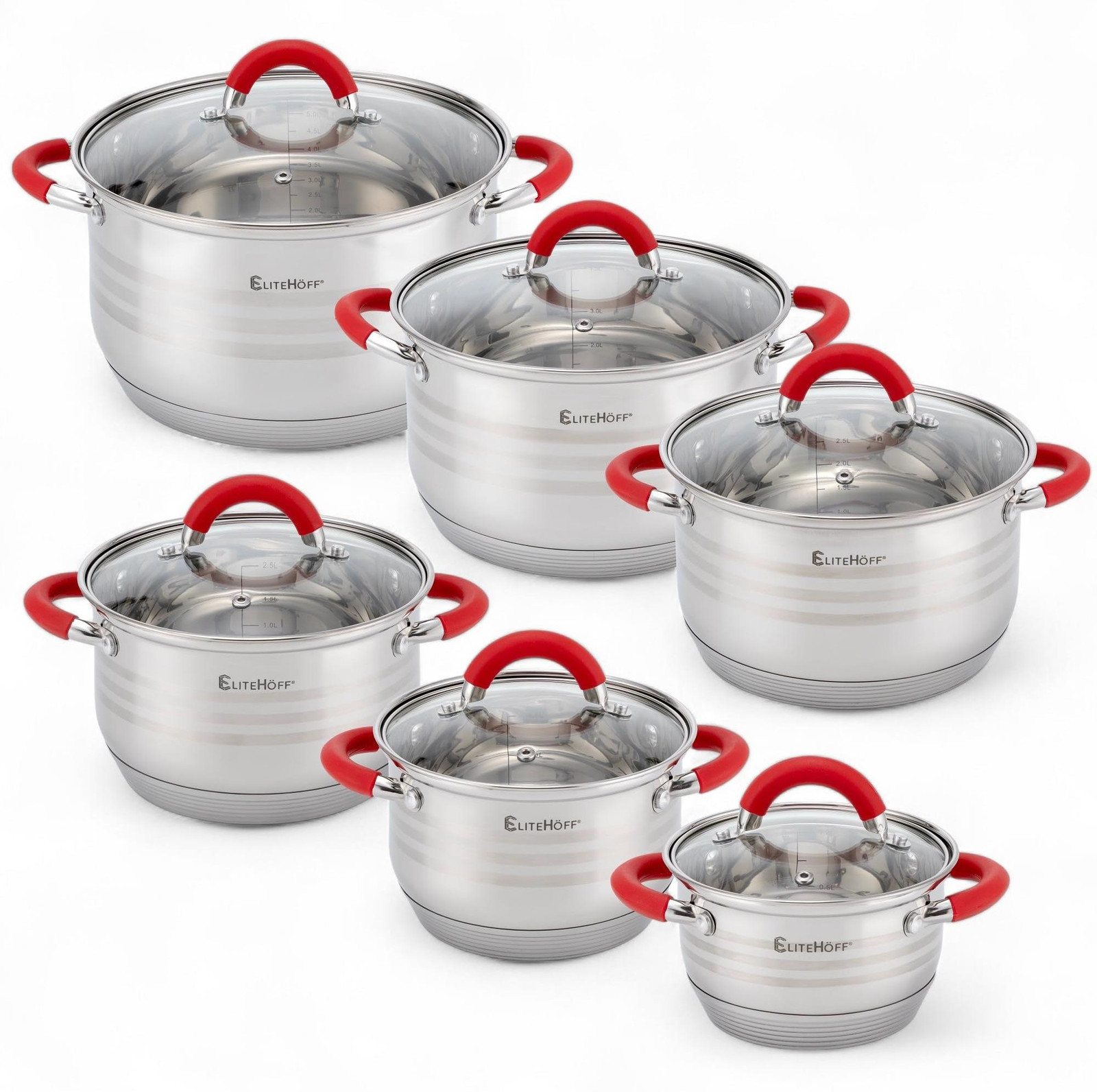 Dripio 12-delige roestvrijstalen inductiekookpan-set met 6 pannen en deksels, Rood