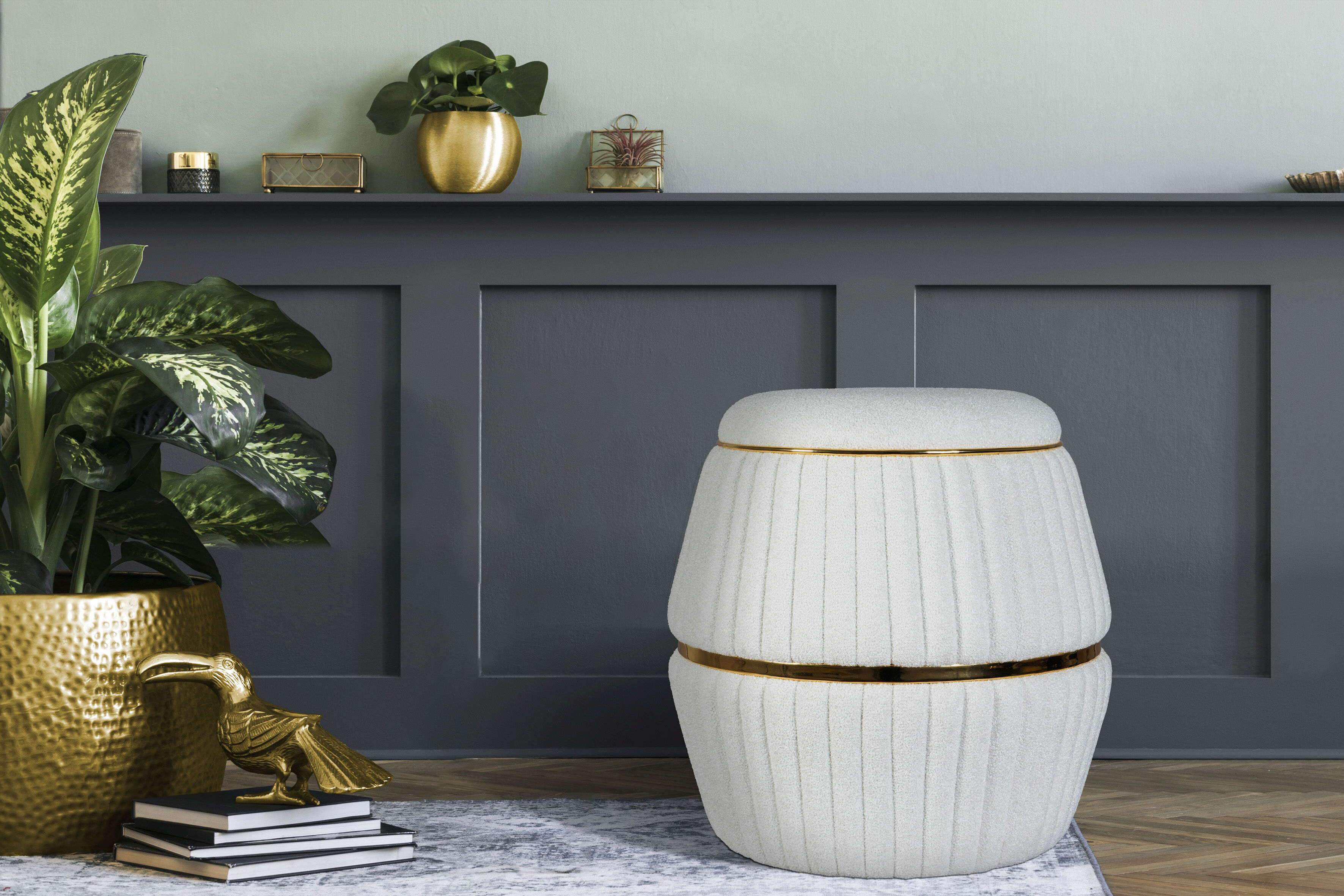 Sitzhocker KAYOOM "Hocker Doric, trendiger Look, ästhetische Farbgebung, schöne Steppung", gold (weiß, gold), B:51,5cm H:53cm T:51,5cm, Bezug: 50% Baumwolle 50% Acryl / Korpus: Pappelholz, Hocker, Sitzhocker, komfortabel, hochqualitativ, pflegeleicht, in 