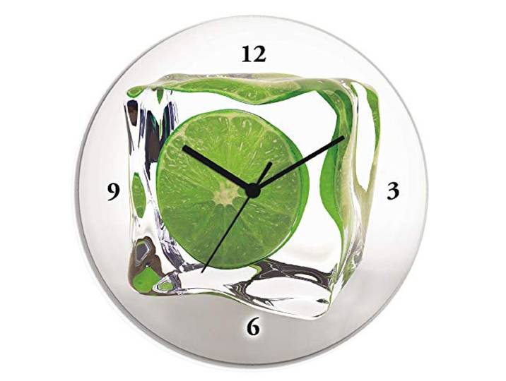 ARTLAND Wanddeko Wanduhr ohne Tickgeräusche Glas Quarzuhr Ø 30 cm Rund Lautlos Obst Früchte Limette im Eiswürfel Food Kreativ T5VW