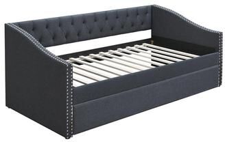 Benjara Daybed Sofa w Slats n Trundle Bed, Nailhead Trim, Charcoal Gray Fabric