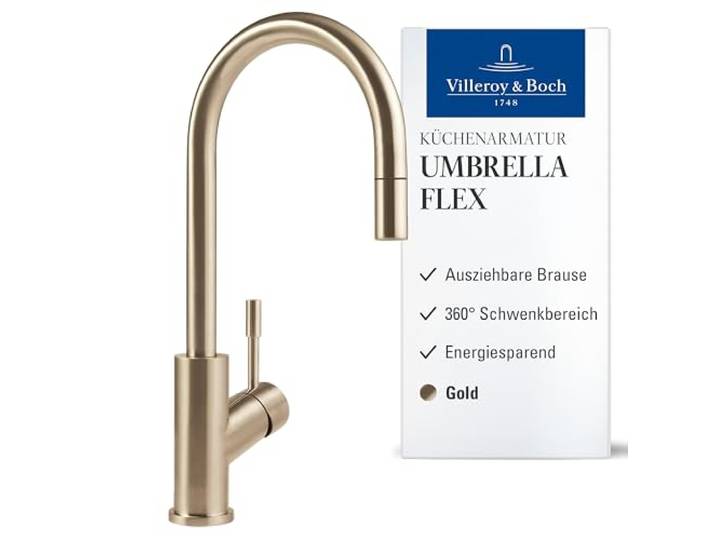 Villeroy & Boch Umbrella Flex Küchenarmatur, Höhe 220 mm – Gold Ausziehbare Handbrause, 360° Schwenkbereich, wassersparend, Hochdruck, 92540003