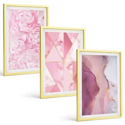 BILDER SET 3er Set - 40x60 cm Goldrahmen - Rosa geometrische Pfingstrosen