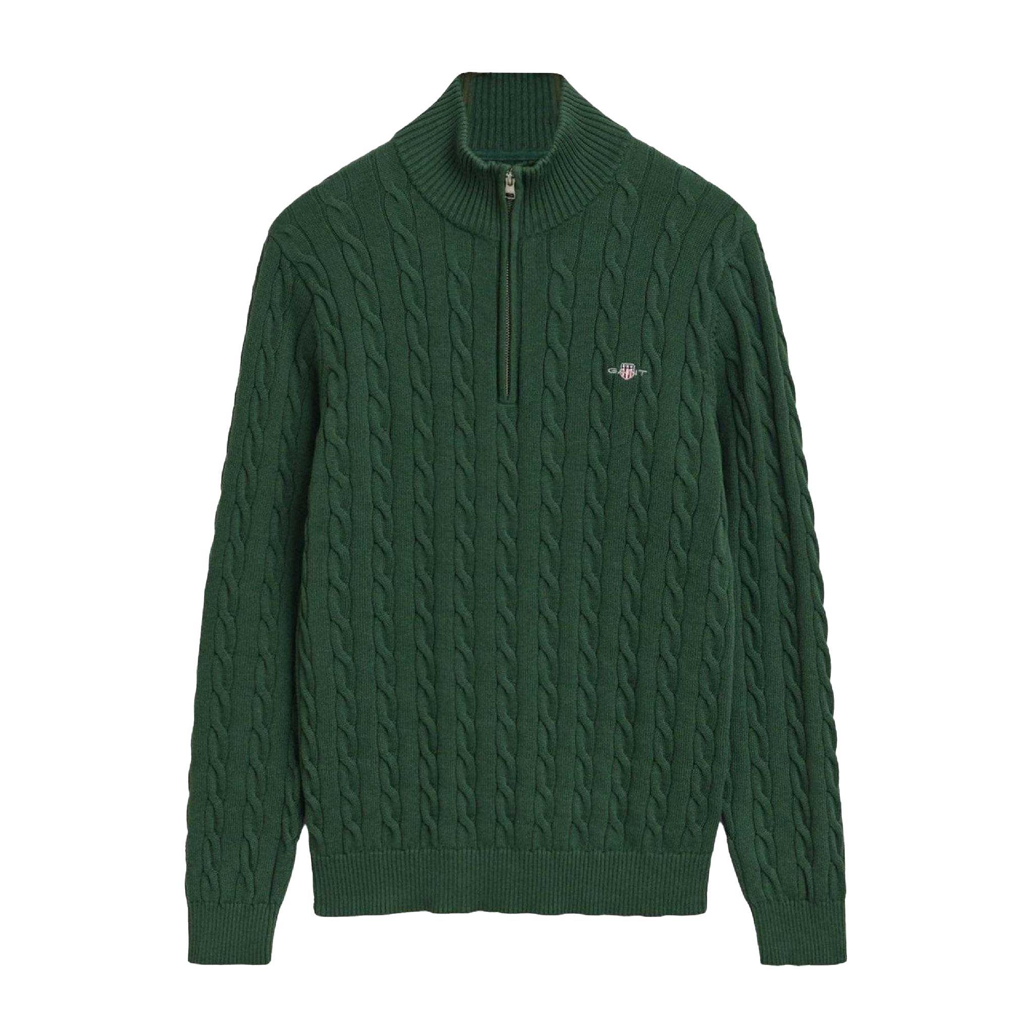 Gant - Pullover für Herren, mit halbem Reißverschluss, Mit Zopfmuster (Grün)
