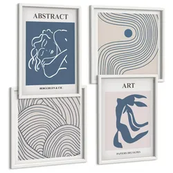 BILDER SET 4er Set - 50x50 cm & 40x60 cm Weißer Rahmen - Poster mit abstrakten Linien und Wellen
