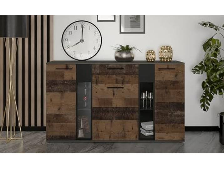 AX Living Formilo Sideboard Kommode grau Matera Oldwood 140,4cm Breite Schublade sorgt für noch mehr Ordnung in Ihrem Raum. Laminierte Möbelplatte. Breite: 140,4 cm. Tiefe: 40,2 cm.