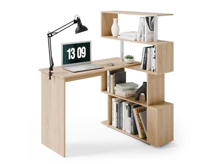 Mondeer bureau d'angle avec rangement par 4 étagères rotatives à 360° moderne pour bureau à domicile 157x45x130.5cm Chêne Coupé