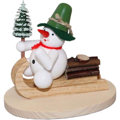 Schneemann ALBIN PREISSLER "Schneemann auf Holzschlitten", grün (weiß, grün, natur), B:9cm H:8,5cm T:6,5cm, Massivholz, Dekofiguren, Handwerkskunst aus dem Erzgebirge