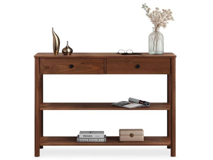 Table console d'entrée APOANA L 110 cm en bois massif coloris châtaignier avec 2 tiroirs et 2 tablettes Design naturel