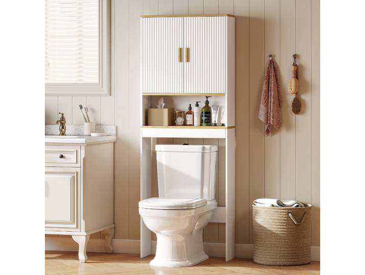 Étagère de salle de bain Homcom au-dessus des toilettes, armoire de rangement de salle de bain à 3 niveaux avec étagère ouverte, 2 portes et étagère réglable, 64X20X170.5 cm, blanc