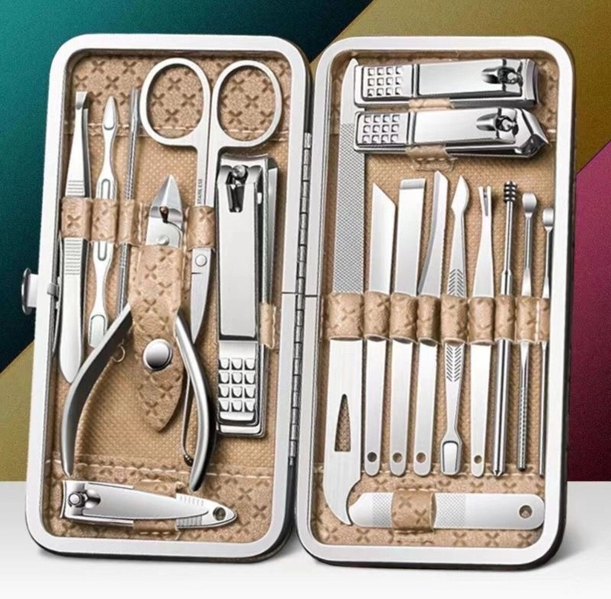 INF Kit manucure métal 19 pièces – Trousse professionnelle pour ongles, sourcils et pédicure, idéale pour voyager Or