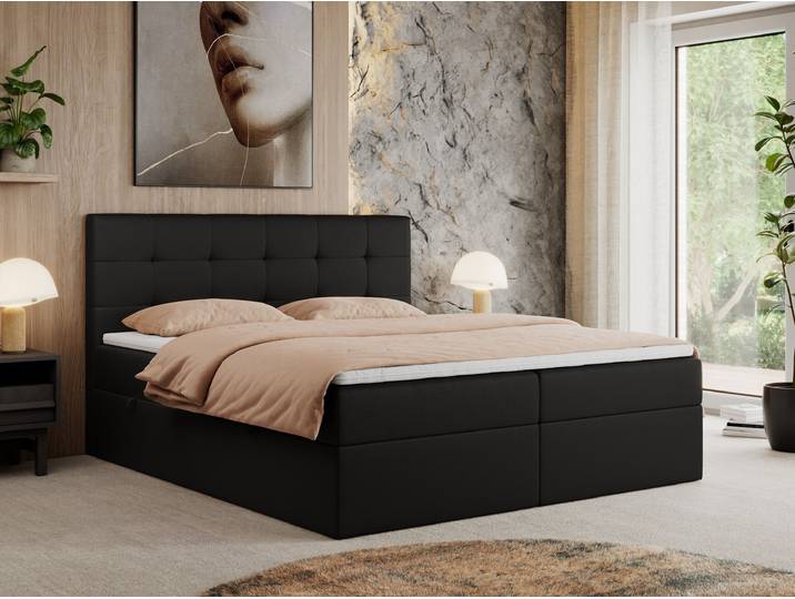 MKS MEBLE Boxspringbett 120x200 mit Bettkasten und Matratze H3, Polsterbett 120x200 mit Bettkasten, Bett 120x200 mit Stauraum und Topper - Centos - Schwarz Kunstleder
