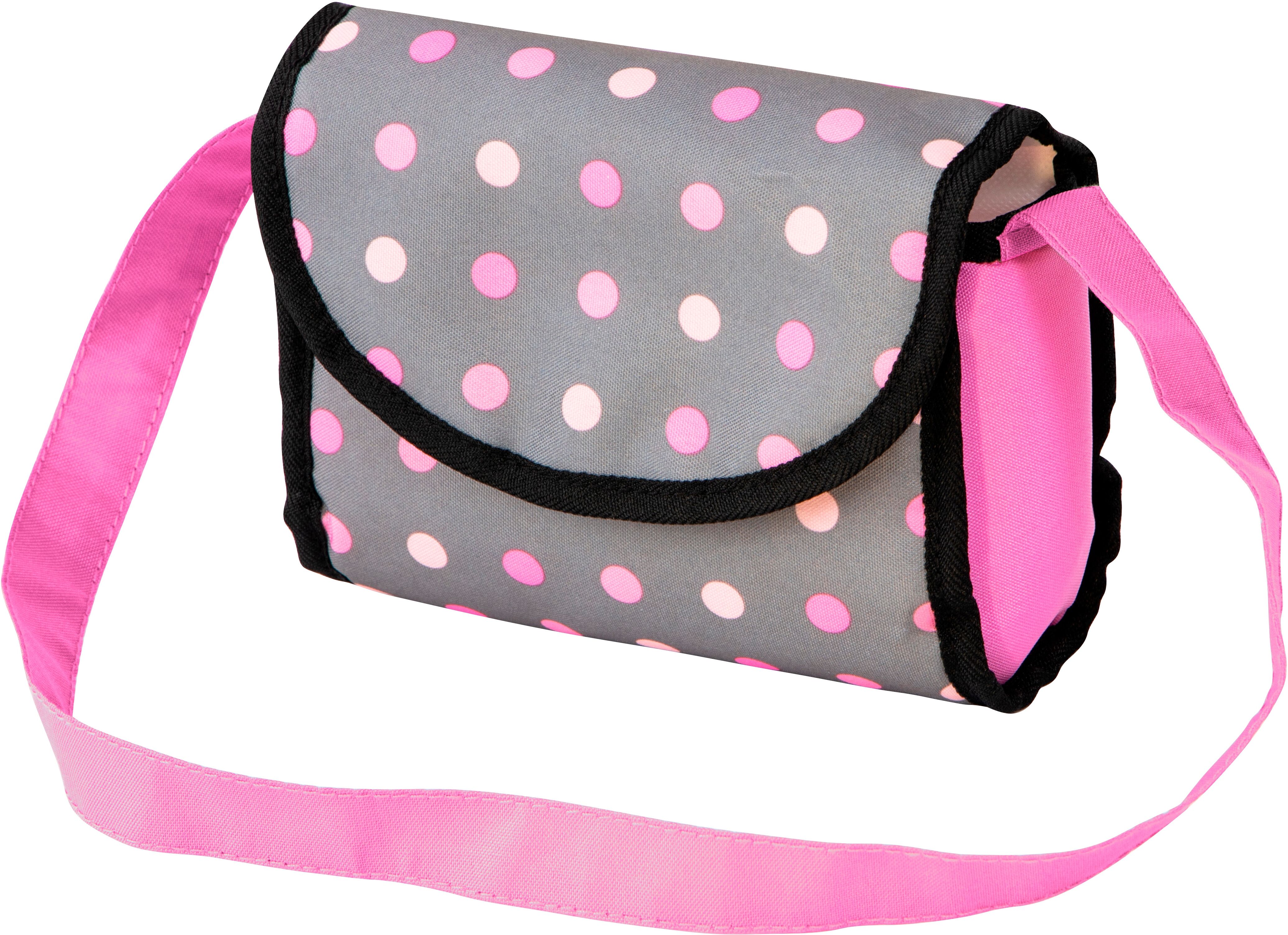 Puppenbett BAYER "Puppen-Reise-Set", pink (grau, rosa punkte), Puppenmöbel, Kinder, Puppenbett, inklusive Hochstuhl, Lätzchen und Umhängetasche