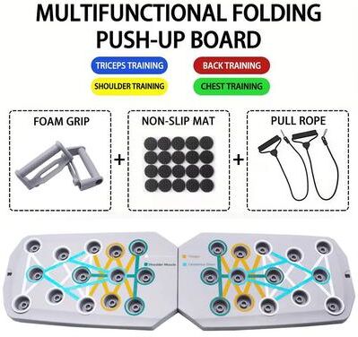 Inspired Living Foldable Color Coded Push Up Board With Handles For Home Workouts And Upper Body Training grey tension Rope