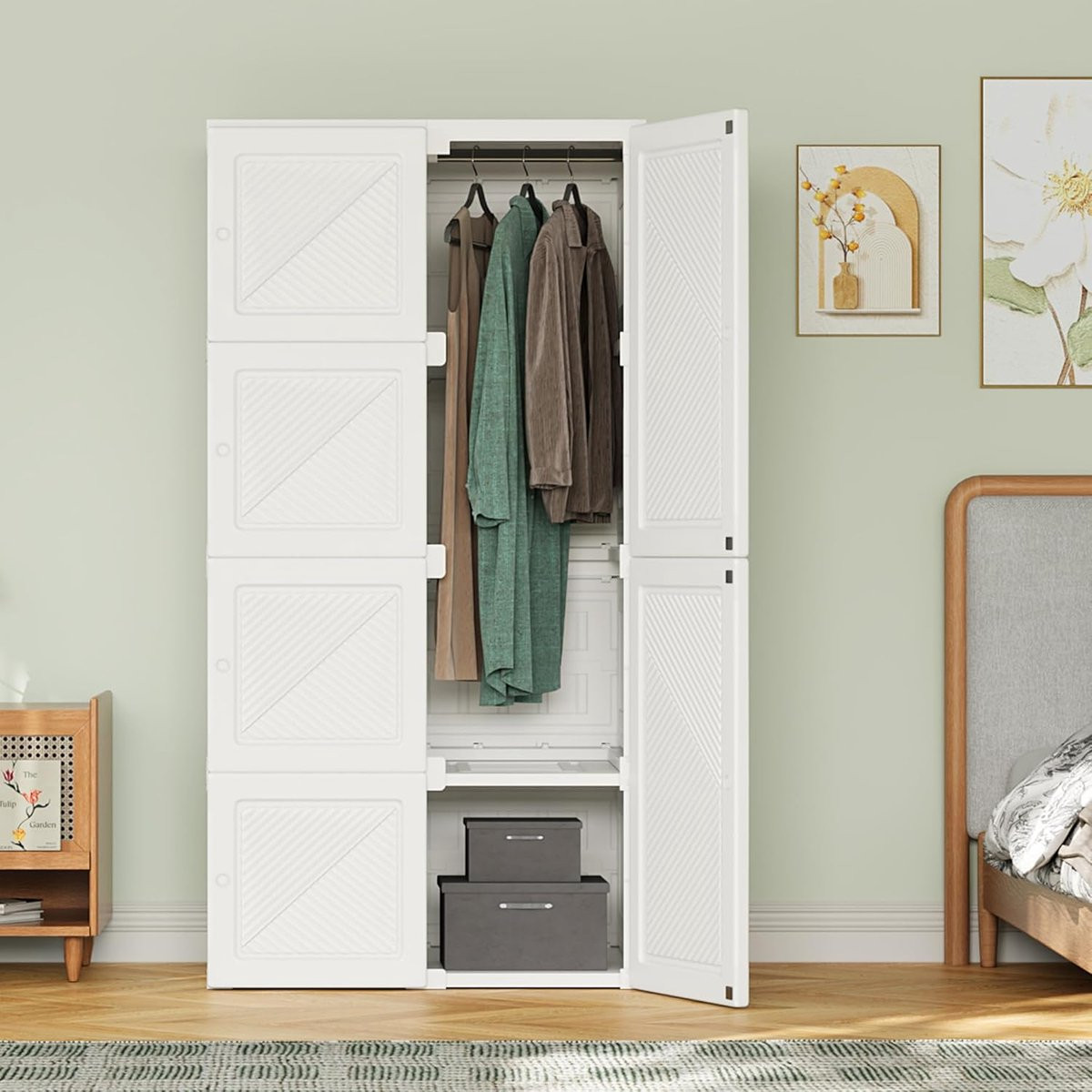Verplaatsbare Kledingkast met Glazen Deuren en Wit Frame - Hoogte: 136 cm