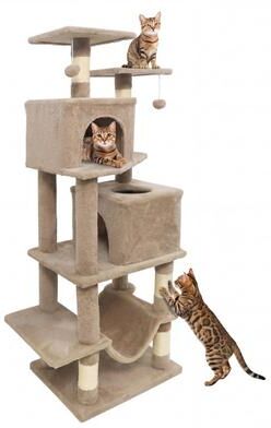 Costway 57 Inch Cat Tree with Dual Condos and Hammock and 2 Dangling Balls-Coffee