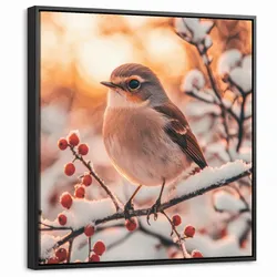 LEINWAND Bilder mit Rahmen - Vogel - Zweig - Winter - Tiere - Schnee - 50x50