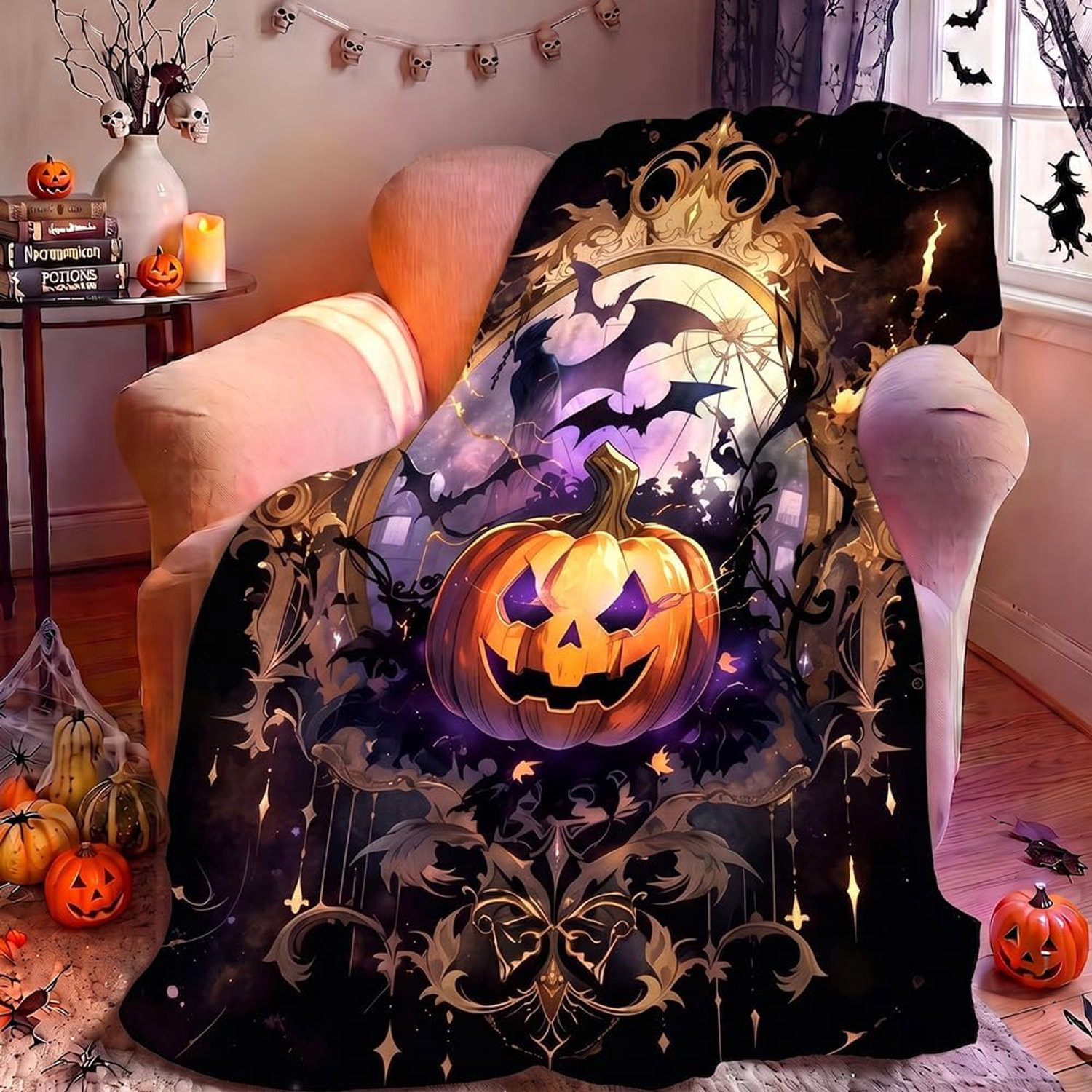 Ultrazachte flanellen Halloween deken met pompoen, geest en vleermuis motief
