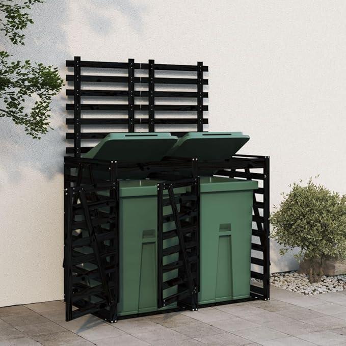 Mülltonnenbox aus massivem Kiefernholz Schwarz für 2 Tonnen mit abschließbarer Tür, wetterfest, mit Klappdach, Sichtschutz für Garten, Hof, Terrasse und Außenbereich