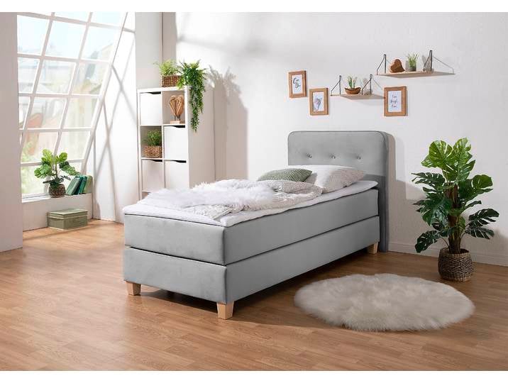 Boxspringbett, Strukturstoff, Grau, 103×207 cm, Mit Topper, 7-Zonen-Kaltschaummatratze, Modern, Home-affaire