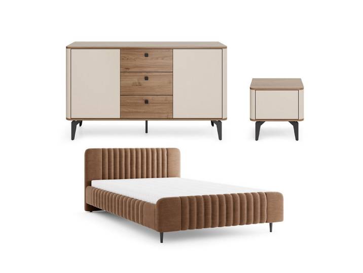 Deine Möbel 24 Komplettschlafzimmer AURO A Schlafzimmer Möbelset in Kaschmir / Royal Nussbaum, (Schlafzimmer-Set Möbel Set, 3-tlg., Modernes Design & Viel Stauraum), inkl. Polsterbett, Sideboard & Nachttisch AURO