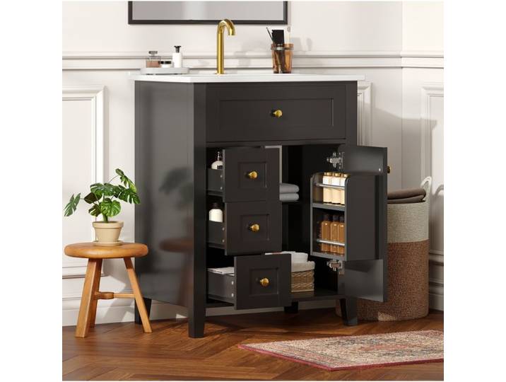 SENVIRO Meuble sous vasque 61 cm noir brillant MDF vasque céramique 4 tiroirs