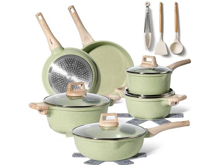 JUST PERFECTO Induktions Töpfe Set 15 pcs - Pfannenset mit deckel - Induktions Töpfe Set - töpfe & pfannen set ohne PTFE und PFOA - Kratzschutz- Kochgeschirr Topfset induktion (Green)