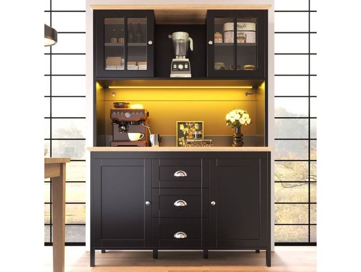 Buffet haut noir 120 x 40 x 179 cm avec LED 4 portes 3 tiroirs montage nécessaire