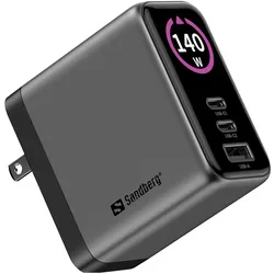 Sandberg Travel Charger PD140W Display (140 W, 3 Ports), USB Ladegerät, Grau