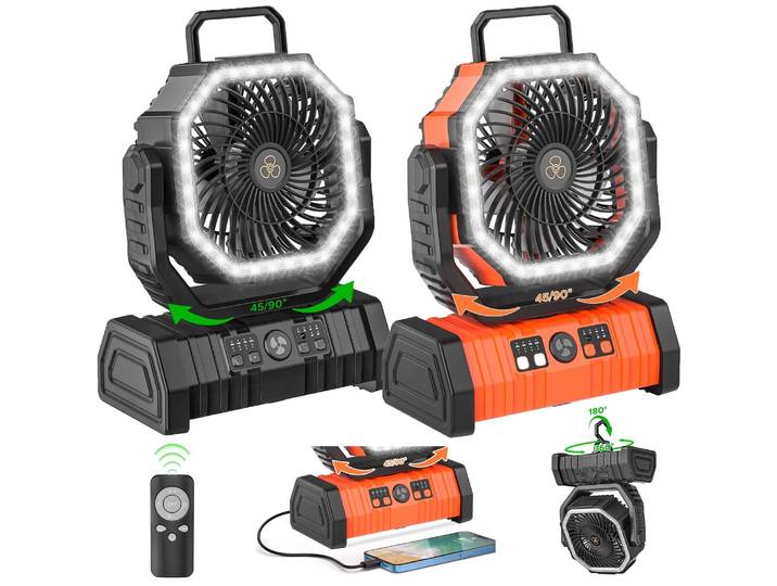 Ventilateur de camping XIAOTREE, ventilateur alimenté par batterie 20000mAh, rechargeable avec lumière LED, ventilateur de tente portable pour l'extérieur avec crochet de suspension