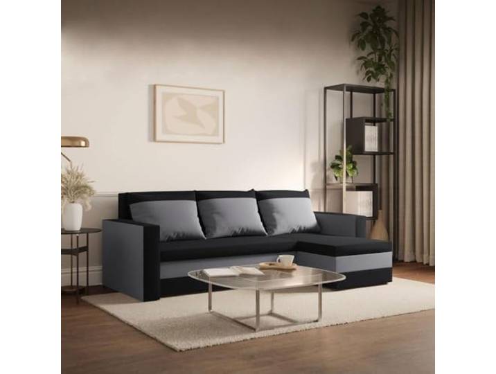 FORNIRO 24 Loft Ecksofa 225x130x75cm Schwarz-Grau Wohnzimmer Couch Modern Mit Schlaffunktion & Bettkasten - L-Form - Kissen - Stoff Basic ausziehbar Gäste bequem Stauraum Design hochwertig Eckcouch