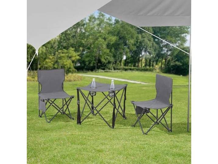 casa.pro Campingstuhl Set mit Tisch Banzi Camingmöbel 3-teilig Klappstühle Klapptisch Angelstuhl faltbar Garten Textil Metall Outdoor Sitzgarnitur mit Getränkehalter Grau
