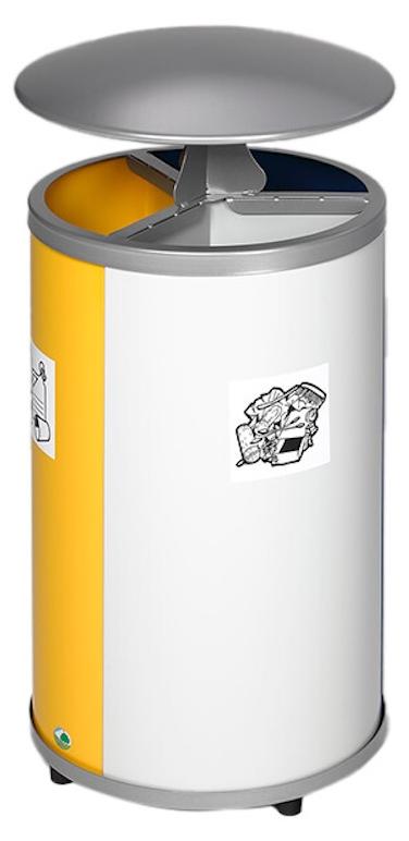Robuste Wertstoffsammelstation mit Dach | 30 Liter je Behälter, HxBxT 89x42x42cm | Verzinkter Stahl | Blau, Grau, Gelb