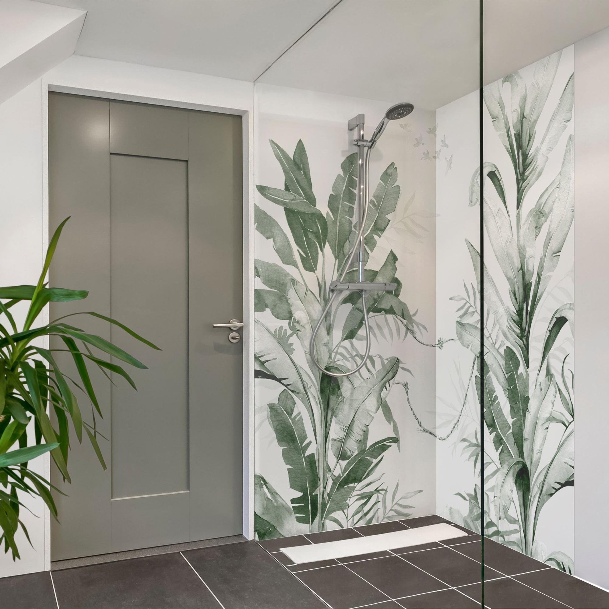 Duschrückwand Natur selbstklebend - 0.61 mm Wandpaneel wasserfest Pflanzen grün Aquarell Tropisch Badrückwand fugenlos Premium matt 100x200 cm