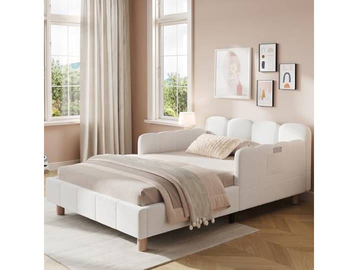 Merax Polsterbett Einzelbett Bettgestell 90x200 cm Kinderbett mit Rausfallschutz, Gepolstertes Kopfteil, Bouclé Bettgestell mit Massivholzbeinen, Modernes Jugendbett, Beige (Ohne Matratze)