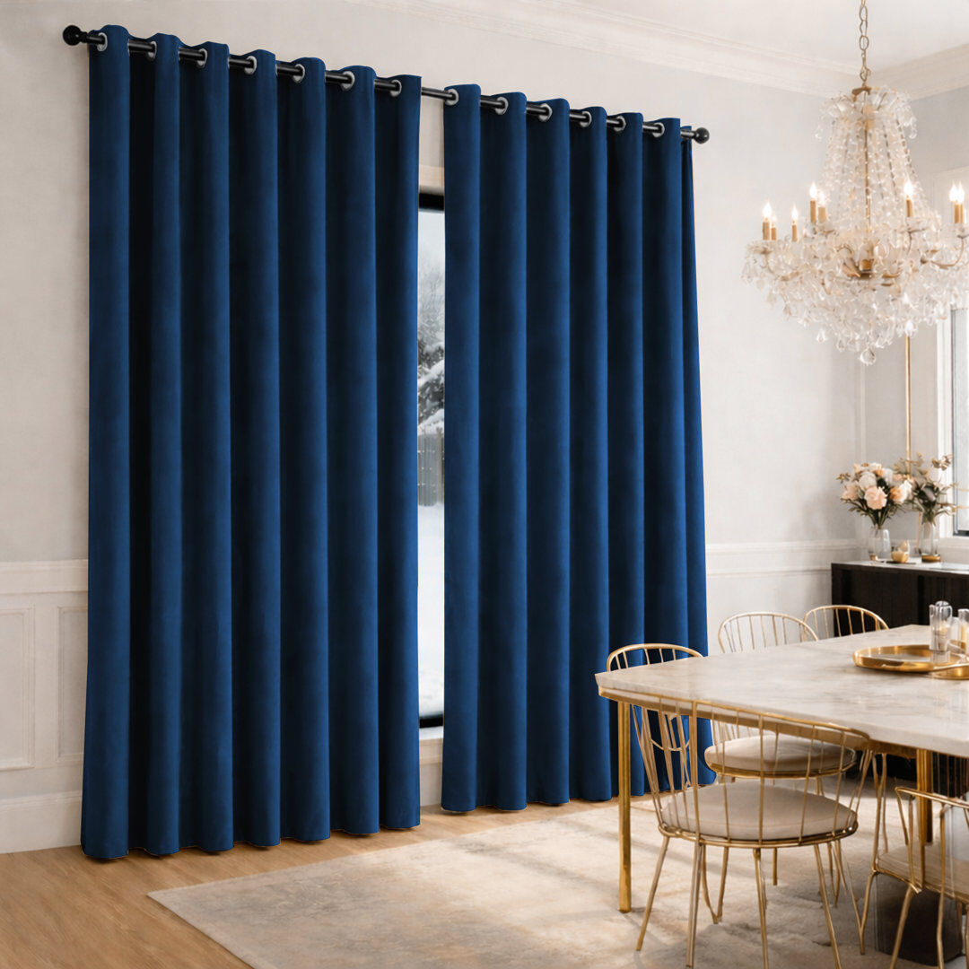 MOONLIGHT BEDDING Heavy Velvet Eyelet Ready Made Thermal Drapes & Curtains Navy 228cm Width x 228cm Drop