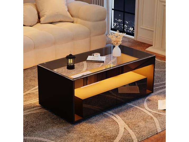 Merax Couchtisch 100 x 50 x 40 cm mit LED,Glasplatte, Hochglanz, schwarz Moderner Couchtisch mit LED, 2 Schubladen, Glasplatte und Hochglanzfronten – stilvoller Wohnzimmertisch mit viel Stauraum.