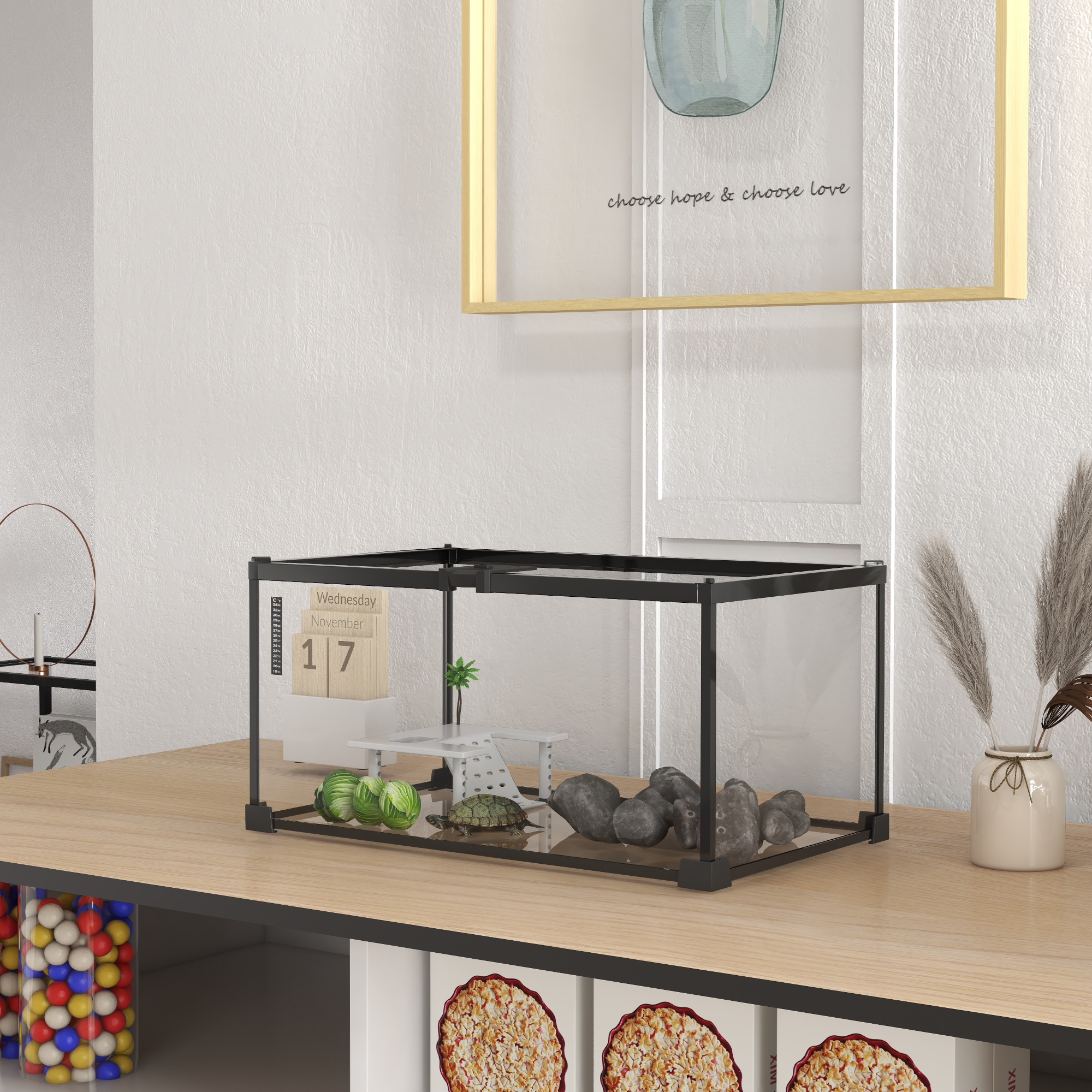 Pawhut Terrario per rettili terrario trasparente con coperchio scorrevole in rete metallica