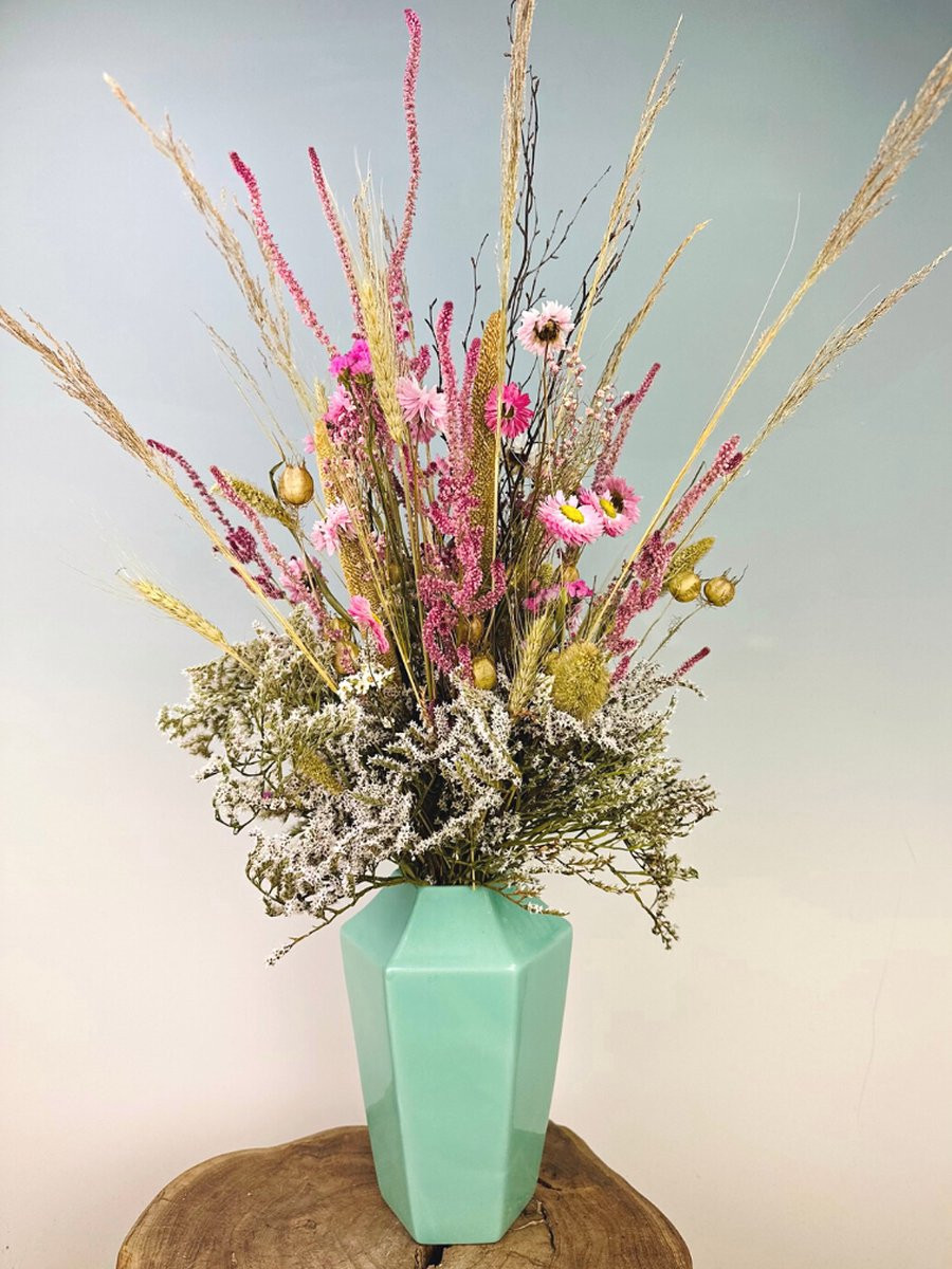 Droogboeket Zomerliefde inclusief turquoise vaas - 60 cm