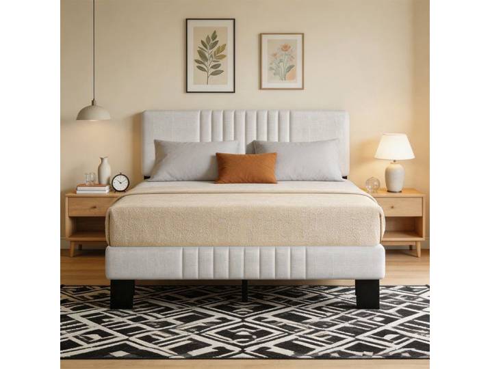 YIDATONG –Lit adulte 140x190 cm –Tête de lit rembourrée en Lin beige–Structure robuste avec lattes – Capacité de charge 350 kg