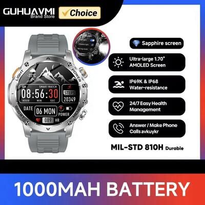 Uplift Essentials Tactical Endurance Military Smart Watch 1000mAh Battery & GPS Pro AMOLED HD IP68 Waterproof Mens Sport Watch grey