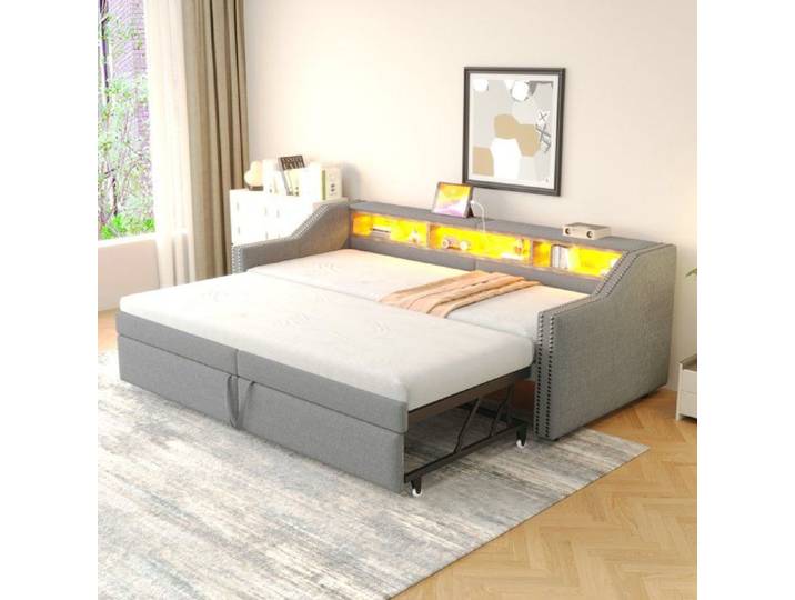 Canapé-lit gigogne rembourré - LANGTU - 90/180 x 200 cm - Rangement multifonction - LED et port USB - Sommier à lattes