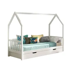 HAUSBETT Kandace 90x200 Kiefer massiv weiß mit Dachaufbau & Schublade