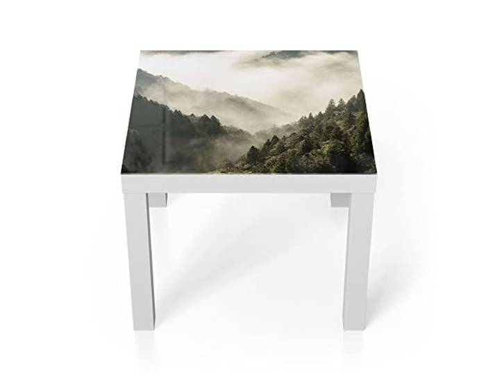 DEQORI Glastisch weiß klein 55x55 cm Motiv Nebel in den Bergen ausgefallener Beistelltisch aus Glas Hochglanz Couchtisch fürs Wohnzimmer moderner Couch Tisch mit Design
