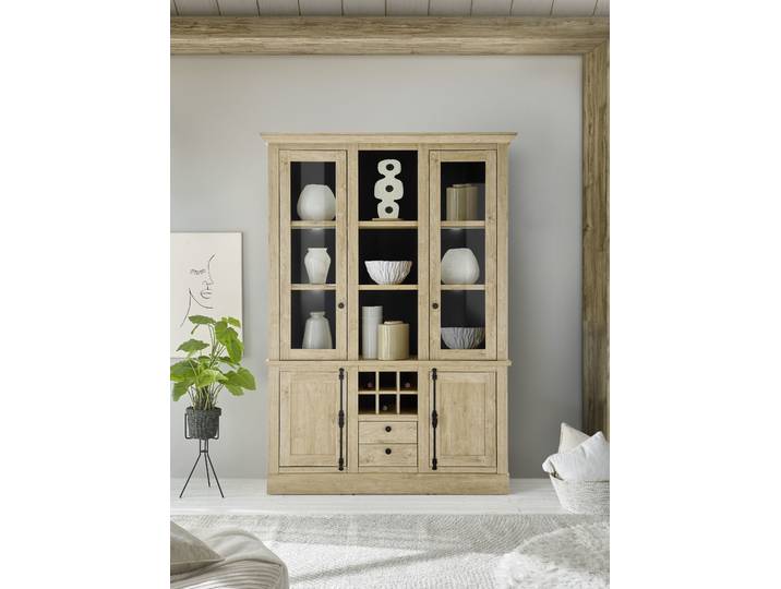 Vitrine HOME AFFAIRE Cornwall, Hochschrank im Landhausstil, Glasvitrine, Eiche Dekor , braun (eiche), B:147cm H:214cm T:42cm, Holzwerkstoff, Schränke, Vitrine, Metallgriffe, 147 cm breit, viel Stauraum, in zwei Grössen verfügbar